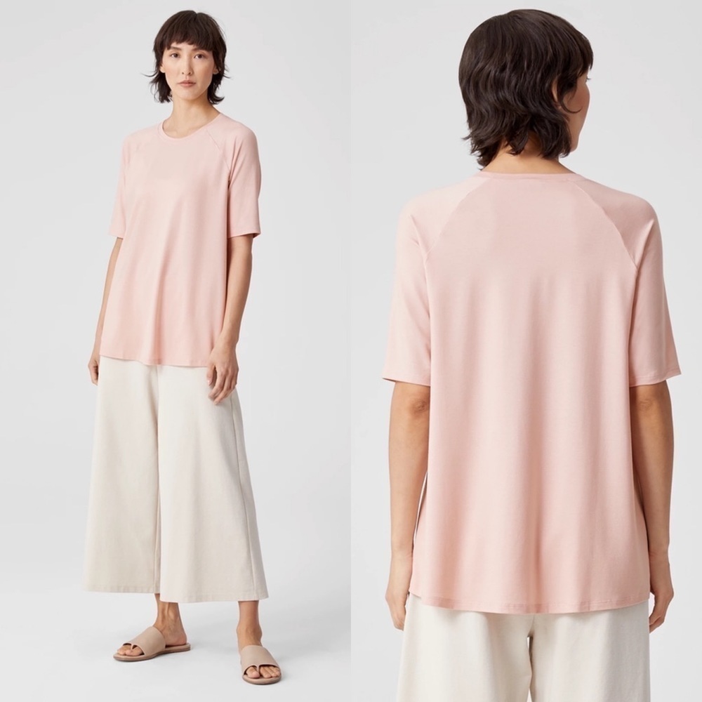 NWT Eileen Fisher XS Fine Jersey Crew Neck Top Pale Pink Powder S1FTJ-T5721 $128